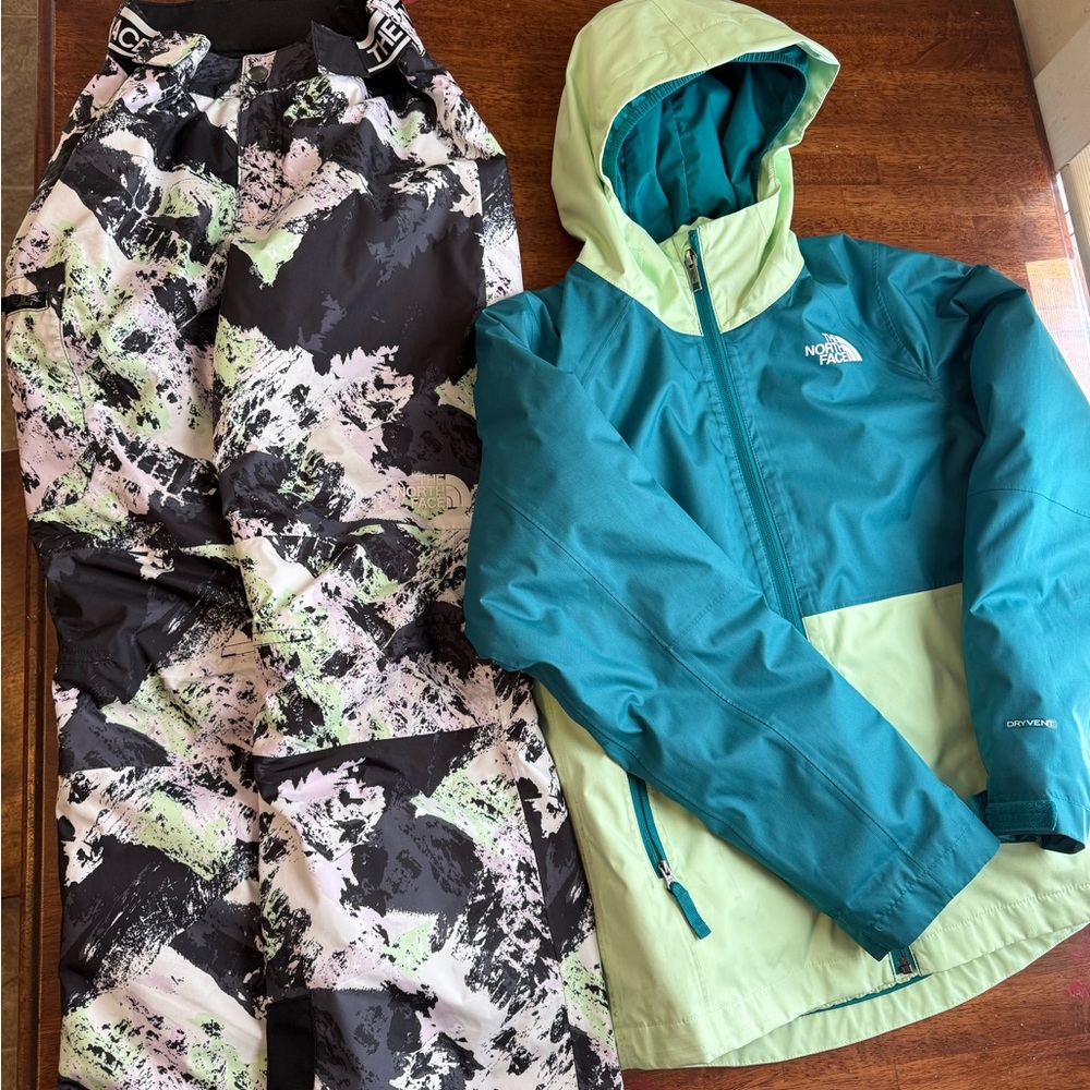 The North Face Mint Green Jacket and matching snow pants.